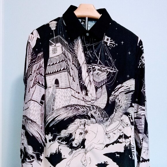 Women's Shirt Silk Black and White Printed Blouse - Picture 4 of 12